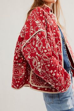 Stand out in this so special jacket featured in a slouchy, dolman-style silhouette and stunning floral print throughout designed to add the perfect touch to any look. * Dropped shoulders * Quilt-inspired fabrication * High-collar design | Chloe Jacket by Free People in Red, Size: L Quilt Jacket, Bandana Print, Collar Designs, Looks Style, Mode Inspiration, Quilted Jacket, Boho Outfits, Women Long Sleeve, Chloe