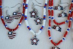 These 4th of July Independence Day Patriotic USA Jewelry are so fun and a great way to show your patriotic spirit. You can treat yourself or a friend to a set or a separate necklace, bracelet or earring set. They make a wonderful gift or party favor for the 4th of July. Everyone will be asking you where you found them! These enameled charms are unique and colorful. Send me your desired length for your necklace or bracelet when ordering. Please visit my shop, Creations by Bronte (https://www.etsy Small American Flags, Clay Flower Pots, Usa Jewelry, Steel Jewelry, Badge Holders, Necklace Bracelet, Party Favor, Independence Day, Earring Set