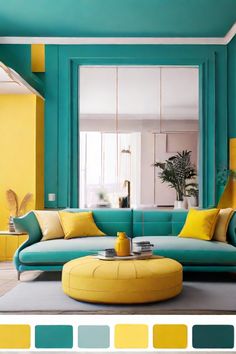 a living room with yellow and blue colors in the walls, couches and coffee table