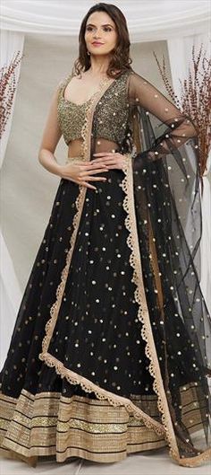 Black and Grey color Lehenga in Georgette fabric with Sequence work Black Lehenga For Celebration With Traditional Drape, Black Traditional Wear With Sheer Dupatta For Wedding, Black Saree With Sheer Dupatta For Wedding, Black Festive Sharara For Celebration, Festive Black Sharara For Celebration, Black Dress With Dupatta For Celebration, Black Celebration Dress With Dupatta, Black Sharara With Zari Work For Celebration, Black Sharara With Pallu For Wedding