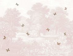 a wallpaper with birds and flowers in the forest on it's pink background