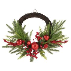 a christmas wreath with red ornaments and greenery