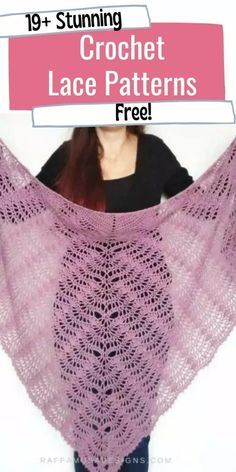 a woman wearing a pink lacy shawl with text overlay that reads 19 + stunning crochet lace patterns free