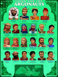 an illustrated poster with many different people in green and blue colors, including one man's face