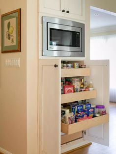 a microwave oven sitting inside of a kitchen next to a cabinet with food in it