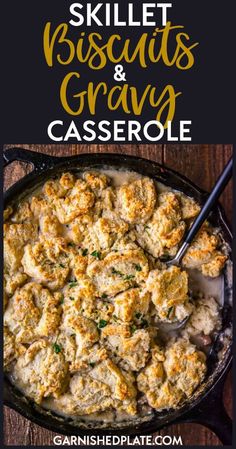 skillet biscuits and gravy casserole with text overlay