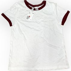 Colors: White And Burgundy Brand: H&M Size: Small Style: Short-Sleeve Ringer T-Shirt Condition: New With Tags White H&m T-shirt Crew Neck, H&m White Crew Neck T-shirt, H&m White Cotton T-shirt, H&m White Cotton Shirt, H&m Red Tops For Summer, H&m Casual White T-shirt, H&m White Short Sleeve Tops, H&m White Casual Top, Casual White Top From H&m