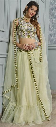 Green color Ready to Wear Lehenga in Net fabric with Embroidered, Sequence, Thread work Wedding Gown With Pallu In Pista Green, Wedding Gown In Pista Green With Pallu, Pista Green Wedding Gown With Pallu, Pista Green Embroidered Lehenga For Wedding, Fitted Embroidered Fabric In Pista Green For Wedding, Green Embroidered Fabric With Sheer Dupatta For Wedding, Green Embroidered Sheer Dupatta Fabric For Wedding, Green Embroidered Sheer Dupatta For Wedding, Pista Green Embroidered Saree Fabric For Wedding