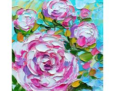 a painting of pink flowers on a blue background