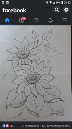 a drawing of two sunflowers with leaves on it's side and the words facebook above them