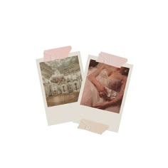 two polaroid photos, one in pink and the other in white, are on top of each other