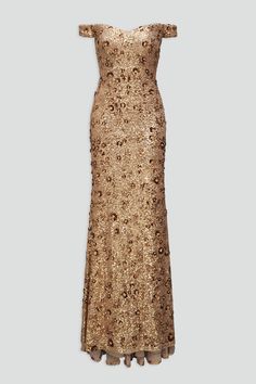 a gold sequin dress with an off the shoulder neckline