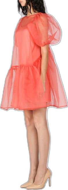 Red Organza Dress For Summer, Summer Red Organza Dress, Sheer Organza A-line Dress, Red Organza Dress For Spring, Spring Red Organza Dress, Summer Organza Dresses With Voluminous Skirt, Sheer Organza Summer Dress, Spring Organza Dress With Sheer Sleeves, Summer A-line Organza Dress