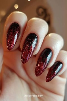 Red And Black Nails Sparkle, Black To Red Ombré Nails, Burgundy And Black Nails Acrylic, Ombre Nails Inspiration, James Bond Nails, Black And Red Glitter Nails, Red And Black Nails Design Classy, Samhain Nails, Dark Red Ombre Nails