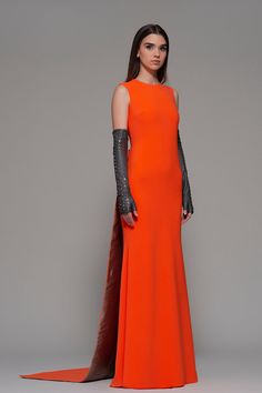 Sleeveless back train column gown - HerTrove Mermaid Dress With Train, Orange Formal Dresses, Sleeveless Mermaid Dress, Isabel Sanchis, Dress With Train, Glamour Dress, Column Gown, فستان سهرة, Jewel Neckline