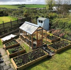 a garden with lots of plants in it and a small house on the other side