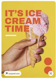 a hand holding an ice cream cone with pink icing on it and the words, it's ice cream time