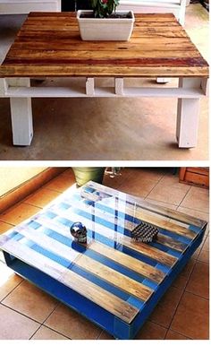 a table made out of pallet wood and glass with a flower pot on top