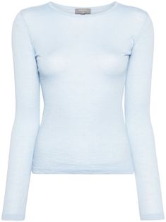 light blue cashmere fine knit round neck long sleeves ribbed trim straight hem Blue Cashmere Tops For Layering, Blue Cashmere Crew Neck Top, Blue Cashmere Top With Ribbed Cuffs, Blue Fine Knit Turtleneck Top, Light Blue Fine Knit Top For Spring, Long Sleeve Shirt Outfits, Light Blue Knit, Shirt Dress Outfit, Blue Long Sleeve Shirt