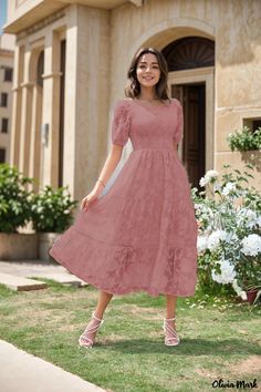 Olivia Mark - Layered Floral Empress Dress with Round Neckline and Puff Sleeves Outfit Ideas August, Sunday Dresses, Dresses For Church, Lace Beach Dress, Birthday Behavior, Modest Formal Dresses, Vestidos Color Rosa, Cool Dresses, Sept 1