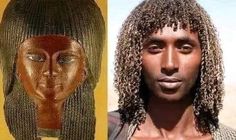 an egyptian man's head and another image of a woman's head with long hair