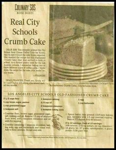 a newspaper clipping with an article about crumb cake