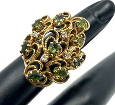 13k Solid Yellow Gold Antique Peridot & Diamond Statement Ring Sz 5 Sizable Statement Rings Diamond, Solid Yellow, Statement Ring, Round Shape, Statement Rings, Ring Size, Diamonds, Yellow Gold, Ring