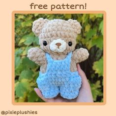 a crocheted teddy bear in blue overalls with the caption free pattern