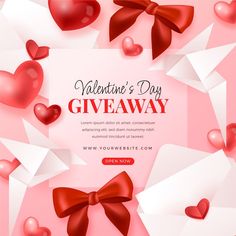 valentine's day giveaway with red bow and hearts on pink background, 3d illustration