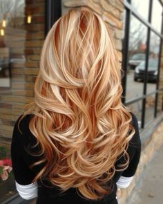 Blonde Ginger Lowlights, White Hair With Red Highlights, Blonde And Copper Hair Highlights, Blonde With Ginger Underneath, Copper And Blonde Curly Hair, Blonde Hair With Auburn Lowlights, Unique Blonde Hair Color Ideas, Blonde Hair With Copper Highlights, Blonde Hair Red Lowlights