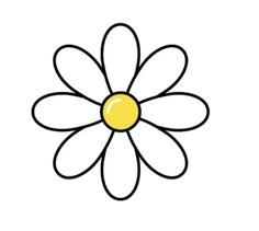 a drawing of a flower with yellow center and black outline on the petals, as well as white background