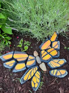 a group of yellow butterflies sitting on top of a flower bed