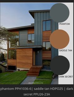 the exterior of a modern home with different colors and materials to choose for it's exterior