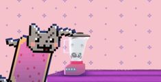 a blender with an animal in it sitting next to a pink wall and floor