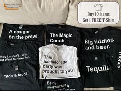 four t - shirts with words on them sitting on top of a couch next to pillows