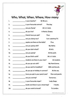 a worksheet with the words who, what, when, how many?