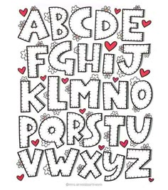 the letters and numbers are made up of hearts on white paper with black outlines