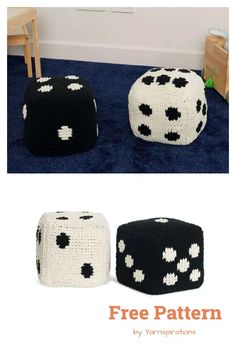 two knitted poufles with black and white dots on them, one is for children