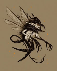 a black and white drawing of a winged creature