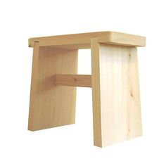 a small wooden stool sitting on top of a white floor