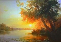 a painting of the sun setting over a lake