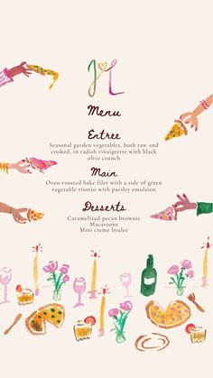 a menu for a restaurant with hand drawn food and drinks on the table, including wine glasses