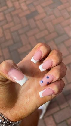 French Tip Nails With Turkish Eye, Blue Evil Eye Nails Square, Turkish Eye Acrylic Nails, Nails For Barcelona, Keffiyeh Nails, Evil Eye Nails Square, Blue Greece Nails, Evil Eye Acrylics, Nail Ideas Evil Eye