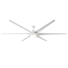 a white ceiling fan with three blades on it's sides and two light bulbs at the top