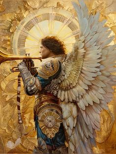 a painting of an angel holding a trumpet in its right hand and wearing armor with wings