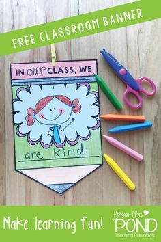 an image of a classroom banner with scissors and pencils on the table next to it