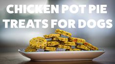 chicken pot pie treats for dogs on a plate with the words chicken pot pie treats for dogs