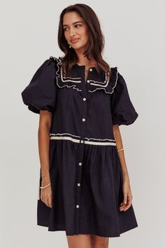 Late Spring Puff Sleeves Ruffle Mini Dress Navy Spring Mini Dress, Spring Mini Dresses, Teacher Dresses, Rush Dresses, Late Spring, Ny Fashion, Fall Outfits For Work, Boring Clothes, Dressy Dresses