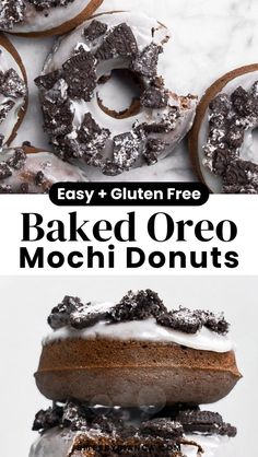 an image of baked oreo doughnuts stacked on top of each other with the words easy gluten free