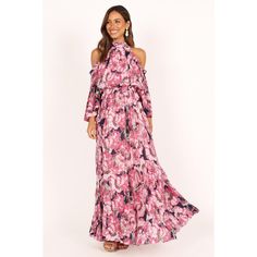 Show your style in this maxi length dress! This beautiful piece features a high neckline, long sleeves with elasticised cuff and an exposed off shoulder design. The elasticised waistband creates the perfect fit and provides you with extra comfort. Petal And Pup, Pink Floral Maxi Dress, Vestidos Color Rosa, Sequin Prom Dresses, Cold Shoulder Long Sleeve, Prom Dress Shopping, Usa Dresses, Green Prom Dress, Pink Prom Dresses